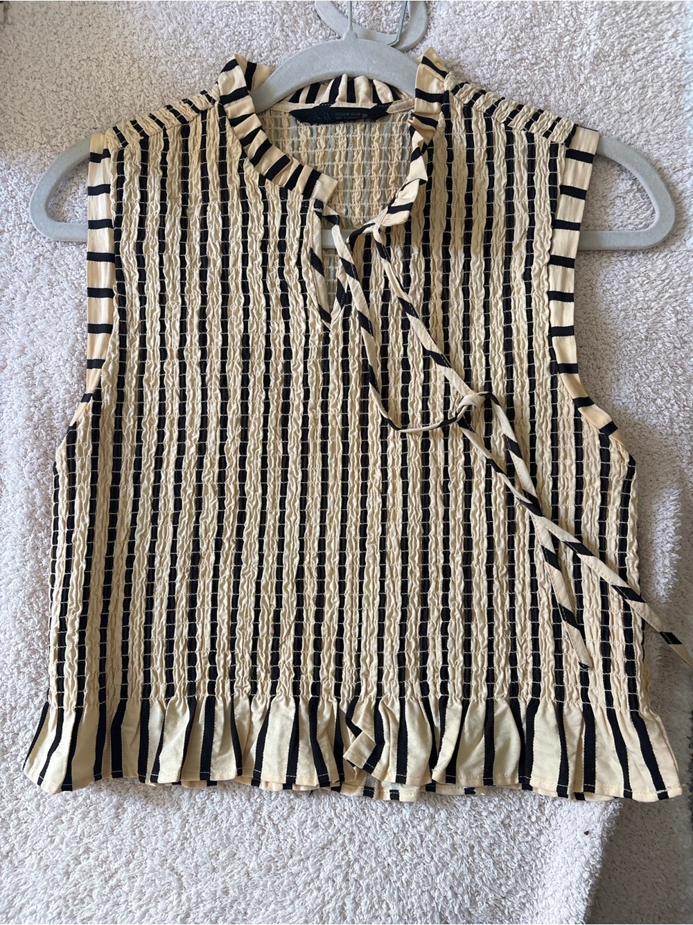 Zara Cream and Black Striped Tie-Neck Sleeveless Top